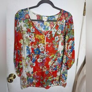 Fig And Flower Red Floral Sheer Plus Size 2X Top